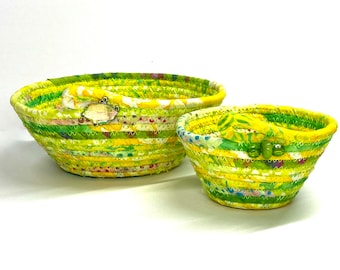 Set of 2 Coiled Rope Basket, Bright Spring Green, Clothesline Bowl, OOAK Handmade Organizer, Batik Fabric Bowls, Functional Fiber Art