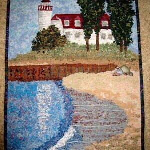 Art Quilt Point Betsie Lighthouse Frankfort Michigan Confetti Quilt Wall Hanging 31 high x 22 wide Beach Fiber Art Sally Manke, Fiber Art image 1