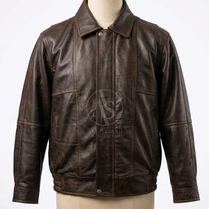 Vintage Distressed Brown Leather Bomber Jacket for Men, Genuine Handmade Leather Flight Jacket, Retro Dark Brown Biker Coat, Gift for Him