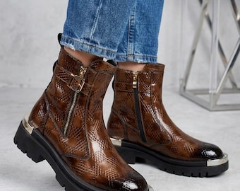 Brown Snake Print Chelsea Boots, Chunky Platform Ankle Boots for Women, Mock Croc Leather Booties, Edgy Combat Boots with Silver Hardware