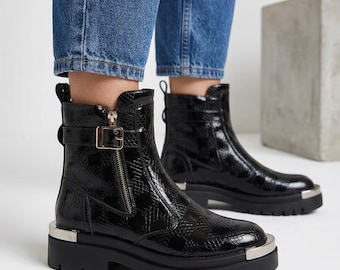Black Mock Croc Chelsea Boots, Chunky Platform Ankle Boots for Women, Patent Leather Snake Print Booties, Edgy Moto Boots with Silver Trim