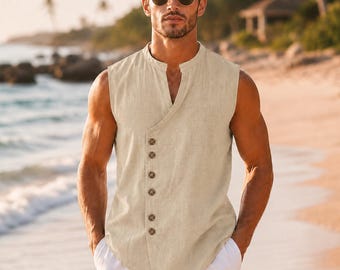 Men's Linen Sleeveless Vest, Casual Button Front Beach Shirt, Summer Vacation Top