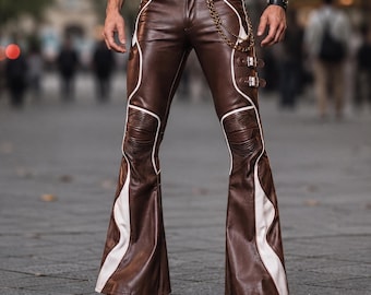 Pantaloni da motociclista svasati in vera pelle marrone e bianca, pantaloni gotici da festival