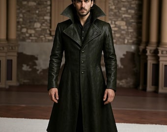 Dark Green Leather Vampire Coat: Gothic Steampunk Long Trench Coat
