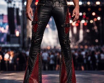 Pantaloni a zampa da uomo in pelle nera e bordeaux, stile gotico, ideali per festival motociclistici.