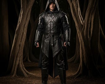 Dark Fantasy Assassin leren pantserjas | Kostuum met capuchon van echt leer | Aangepaste middeleeuwse stealth-outfit