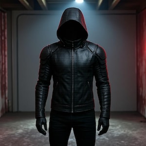 Men’s Futuristic Black Hooded Leather Jacket | Tactical Assassin Streetwear Hoodie