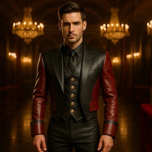 Men’s Genuine Leather Tuxedo Jacket | Black & Red Regal Suit Jacket | Luxury Handmade Custom Leatherwear