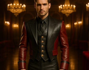 Men’s Genuine Leather Tuxedo Jacket | Black & Red Regal Suit Jacket | Luxury Handmade Custom Leatherwear