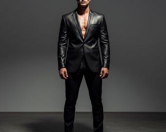 Abito da uomo in vera pelle nera: giacca e pantaloni aderenti, abbigliamento formale su misura