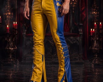Pantaloni a zampa da uomo in pelle giallo-blu, stile biker gotico, alla moda e realizzati a mano.
