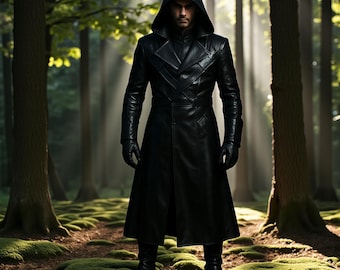 Men’s Assassin Leather Coat – Gothic Hooded Trench with Cross-Back Straps & Long Flowing Design