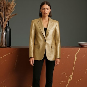 Champagne Gold Genuine Leather Blazer, Trendy Metallic Party Jacket | Handmade Luxury Coat