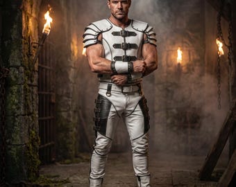 Set da guerriero in pelle bianca con armatura e kilt, costume da gladiatore, abito fantasy per uomo.