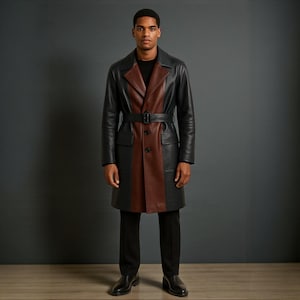 Two-Tone Leather Trench Coat: Handmade Black & Brown Belted Overcoat