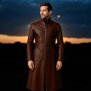 Long Brown Genuine Leather Coat with Chevron Stitching | Full Length Minimalist Coat for Men | Tailored Custom Fit