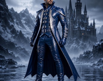 Trench da uomo in pelle blu, costume da vampiro per cosplay, giacca armatura gotica fantasy