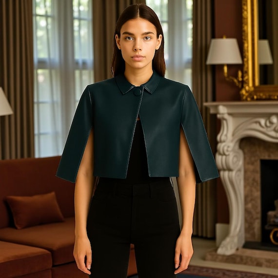 Dark Teal Genuine Leather Cape Jacket | Minimalist Open Sleeve Coat | Elegant Cropped Leather Outerwear