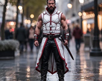 Gilet da guerriero in pelle bianca e rossa da uomo, tunica da armatura medievale, costume fantasy per cosplay.