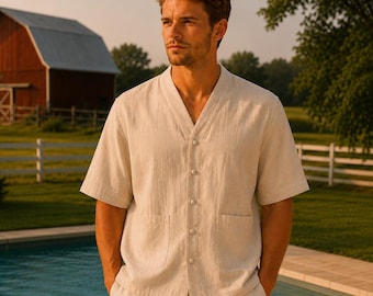 Men's Plus Size Linen Shirt, 3/4 Sleeve Loose Fit Summer Top (Up to 8XL)