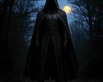 Può includere: Una persona con un mantello nero con cappuccio e un abito simile alla pelle è in piedi in una foresta oscura di notte. La silhouette si staglia contro una luna piena, creando un'atmosfera misteriosa. Il mantello è lungo e fluente, con un colletto alto e un cappuccio.
