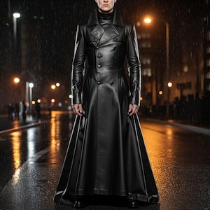 Lange jas van echt leer | Handgemaakte gotische trenchcoat voor heren | Steampunk stofdoek in matrixstijl