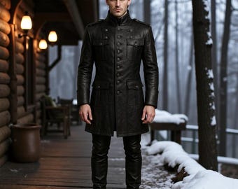 Gothic Black Leather Trench Coat: Men's Military Style Long Jacket