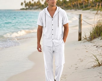 Conjunto de dos piezas para hombre: camisa de manga corta y pantalón de lino, corte holgado, ideal para el verano.