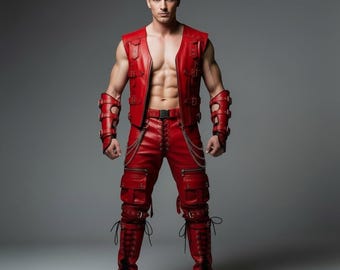Completo da motociclista gotico punk in pelle rossa con gilet e pantaloni, cinturino di design.