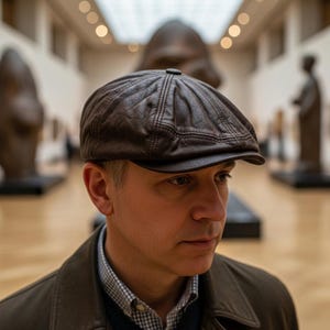 May include: A brown leather newsboy cap with a button on top. The cap has a stitched design and a curved brim. The person is wearing a brown jacket and a collared shirt.