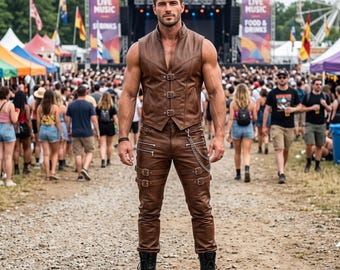 Completo da uomo in vera pelle marrone, composto da gilet e pantaloni, ideale per festival da guerriero o come abito rinascimentale da motociclista.