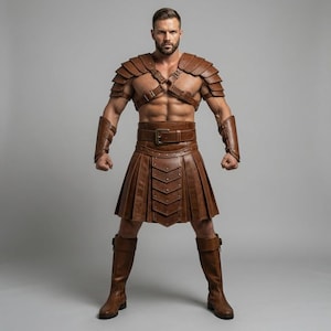 Pode incluir: Conjunto de armadura de gladiador em couro castanho, incluindo ombreiras, protetores de braço, um cinto e uma saia plissada. O conjunto é completado com botas até o joelho. A armadura apresenta detalhes de fivelas e rebites.
