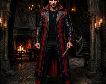 Trench da uomo in vera pelle, stile gotico da vampiro, giacca nera e rossa