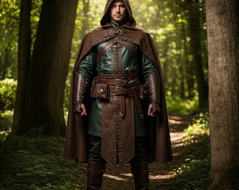 Leren Ranger-mantel met capuchon: middeleeuws LARP-kostuumpantser