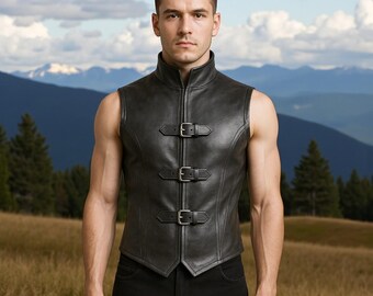 Men’s Black Triple-Buckle Leather Vest | Gothic Warrior Armor Style | Genuine Leather