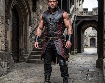 Completo da uomo in pelle nera e bordeaux, composto da gilet e pantaloni da guerriero, realizzato a mano, ideale per un costume medievale gotico.