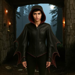 May include: A black leather jacket with bat-wing sleeves and a hood. The jacket features a red lining and trim, and a front zip. The person is wearing black trousers. The background shows a stone archway, a forest, and a full moon.