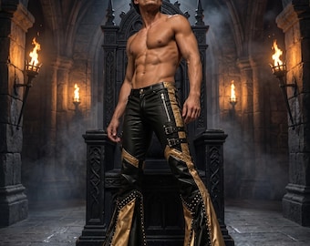 Pantaloni a zampa da uomo in pelle nera e oro, stile gotico, moda biker, realizzati a mano.