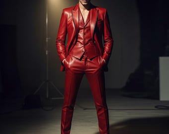 Abito da uomo in pelle rossa, completo da sposo slim fit firmato.