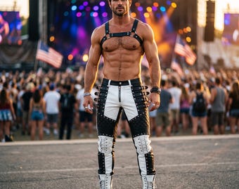 Pantaloni a zampa da uomo in pelle nera e blu, stile gotico da motociclista.