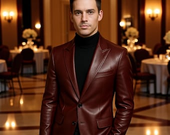 Burgundy Genuine Leather Blazer: Slim Fit Wedding Coat