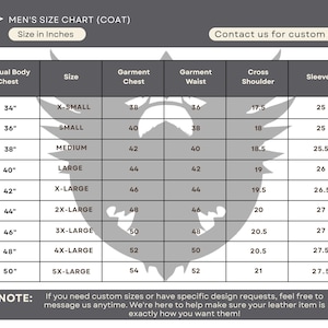 Op de afbeelding: Een maattabel voor jassen, met afmetingen in inches. De tabel bevat maten van X-Small tot 5X-Large, met details over borst-, taille-, schouder- en mouwmaten. De tekst bovenaan luidt "MEN'S SIZE CHART (COAT)".