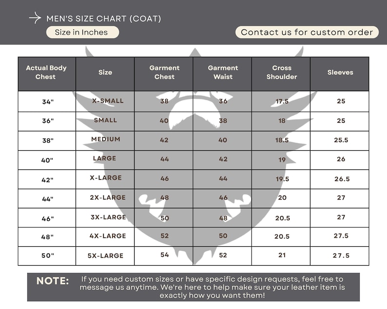 Op de afbeelding: Een maattabel voor jassen, met afmetingen in inches. De tabel bevat maten van X-Small tot 5X-Large, met details over borst-, taille-, schouder- en mouwmaten. De tekst bovenaan luidt "MEN'S SIZE CHART (COAT)".