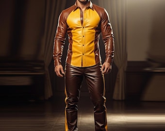 Men's Two-Tone Leather Shirt and Pants Set, Luxury Streetwear Outfit