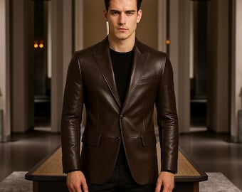 Blazer da uomo in vera pelle marrone / Giacca slim fit elegante / Abbigliamento formale e casual