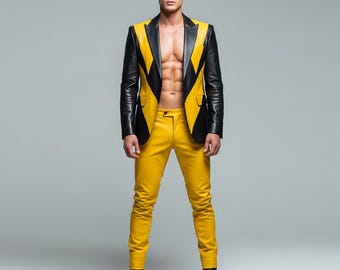 Abito in pelle bicolore nero e giallo: giacca con pannelli a fulmini e pantaloni slim fit