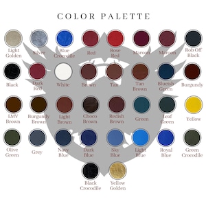 Op de afbeelding: Een kleurenpalet met de tekst "COLOR PALETTE" bovenaan. De kaart toont een verscheidenheid aan kleurstalen, waaronder tinten blauw, rood, groen, bruin en geel. Elke staal is gelabeld met de bijbehorende kleurnaam.