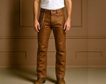 Pantalones de cuero marrón hechos a mano con cadena: pantalones vaqueros a medida