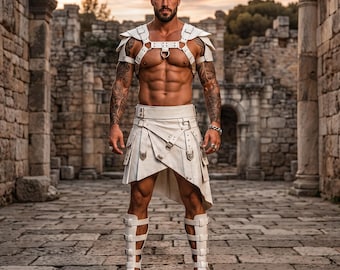 Completo da guerriero e kilt in pelle bianca da uomo, abito da gladiatore, abbigliamento gotico per festival.