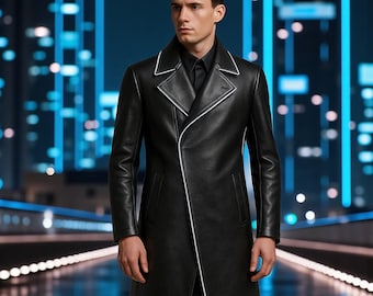 Futuristic Black Leather Trench Coat: Cyberpunk Gothic Glow Trim